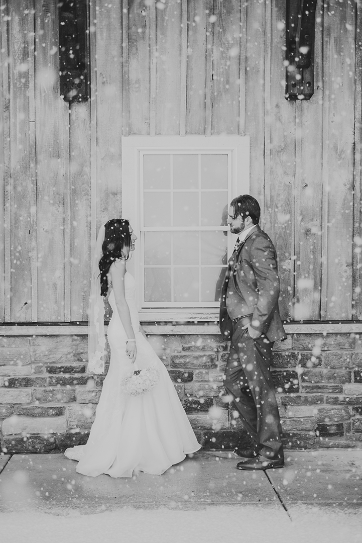 a couple stands in front of the County Line Orchard in the snow