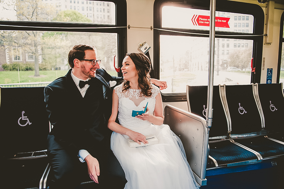 bride and groom on Chicago bus