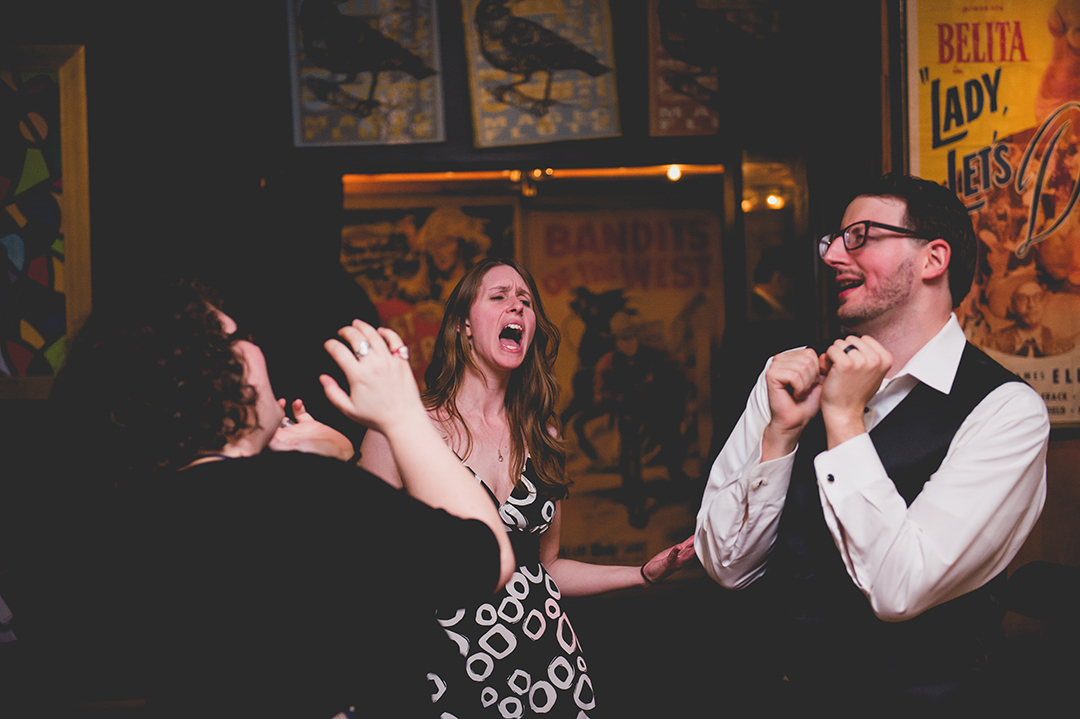 A group dancing at a Chicago wedding at the Mars Gallery.