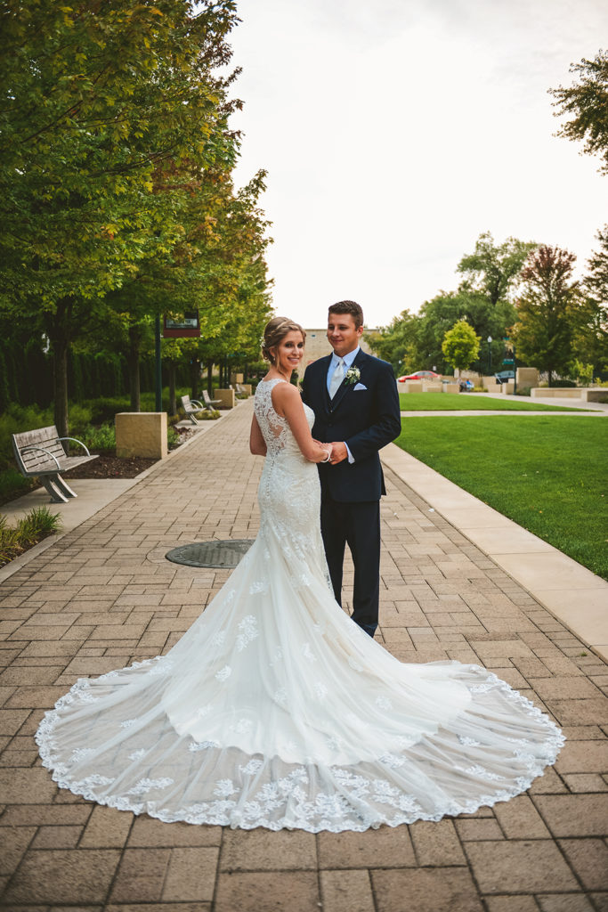 A brides beautiful wedding dress being displayed at a Naperville wedding.