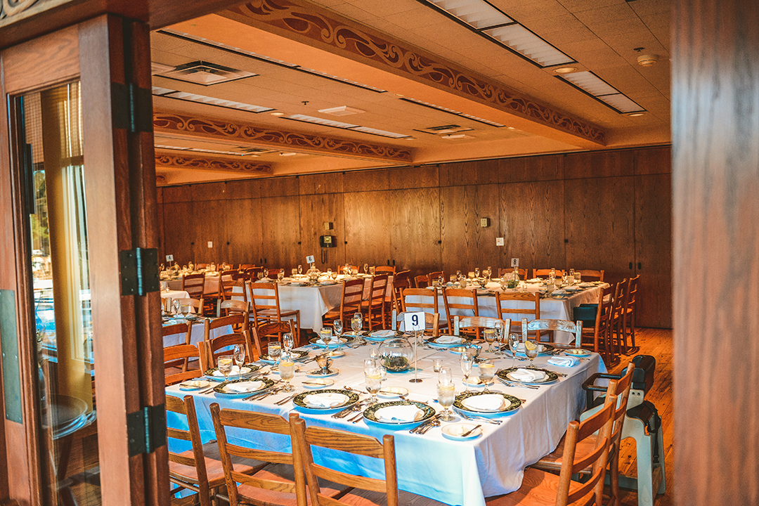dining room setup at the brookfield zoo for a wedding reception ready to be photographed by a Naperville Wedding Photographer