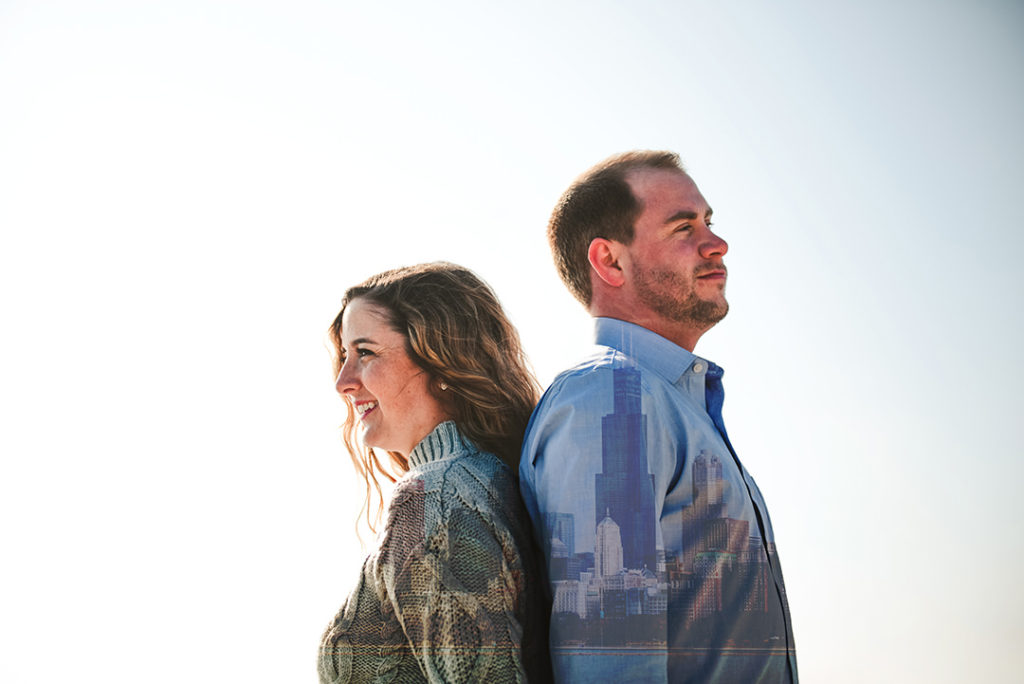 a double exposure of a bride and groom standing with their back towards each other in front of a white sky