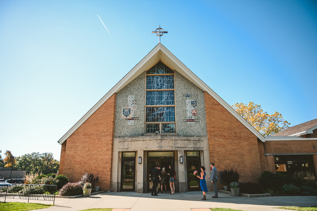 Mary Queen of Heaven church in the morning on a wedding day with a cloudless blue sky