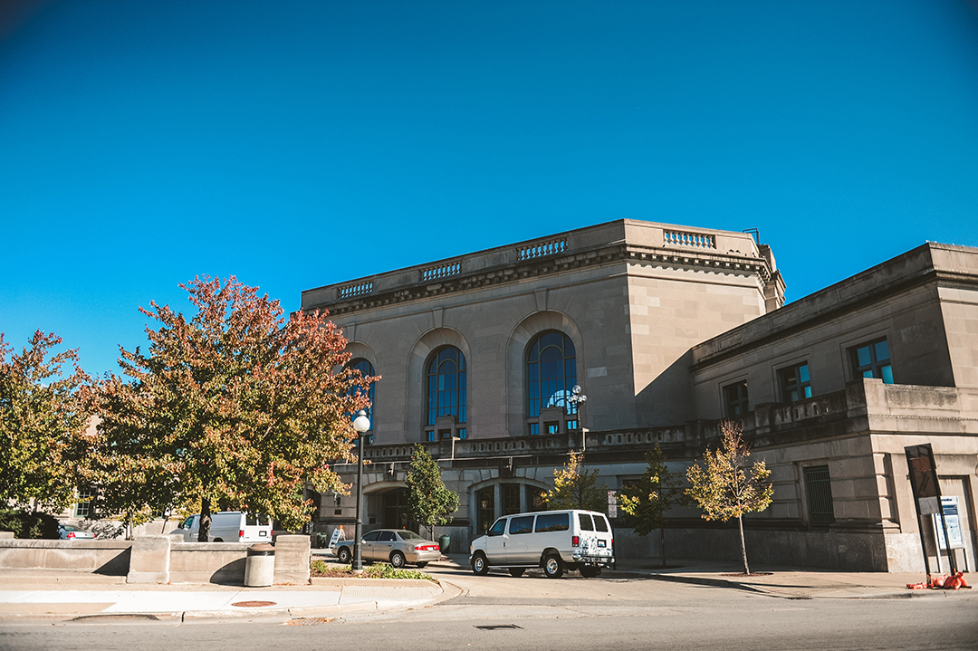 The Joliet Union Station with a clear blue sky