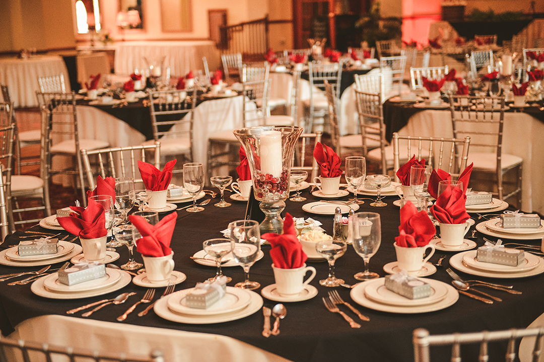 A place setting in the Grand Ballroom at the Jacob Henry Mansion