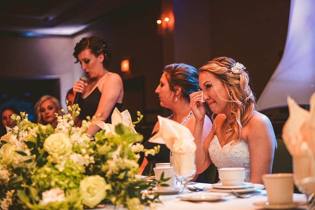 the bride crying as her sister gives a speech at Gaelic Park