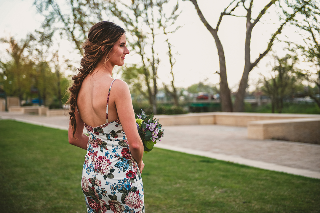 a beautiful bride in a floral dress in the evening at a Chicago elopement