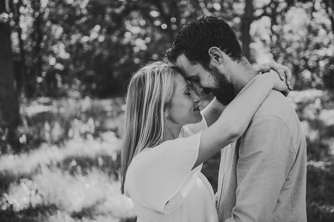 b & w image of a couple during a Hammel Woods engagement session