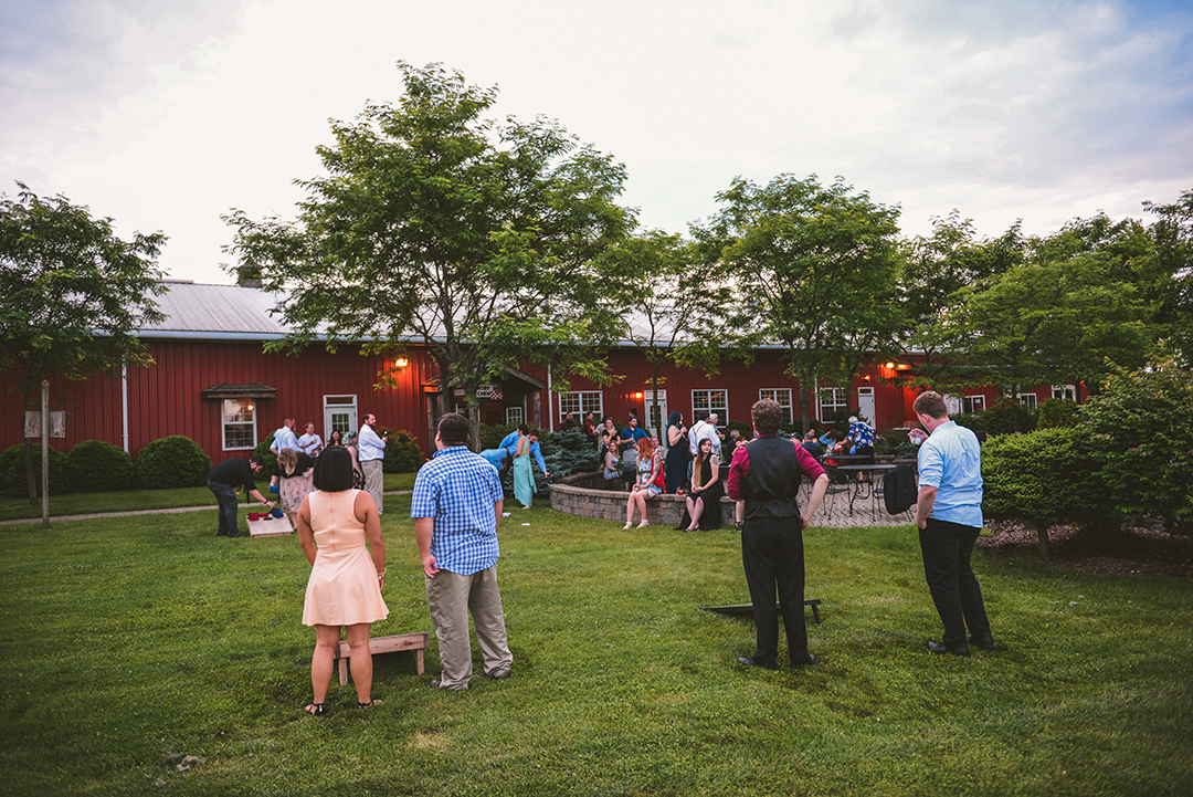 wedding guests playing bags at a wedding reception in Woodstock with a red barn in the background