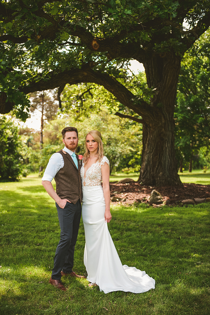 a serious bride and groom framed my a old oak tree in the background with golden light at the All Season Orchard in Woodstock IL