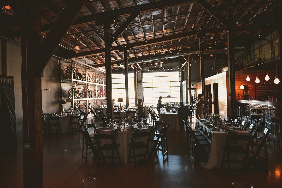 a silhouette of the inside of Warehouse 109 ready for a wedding reception