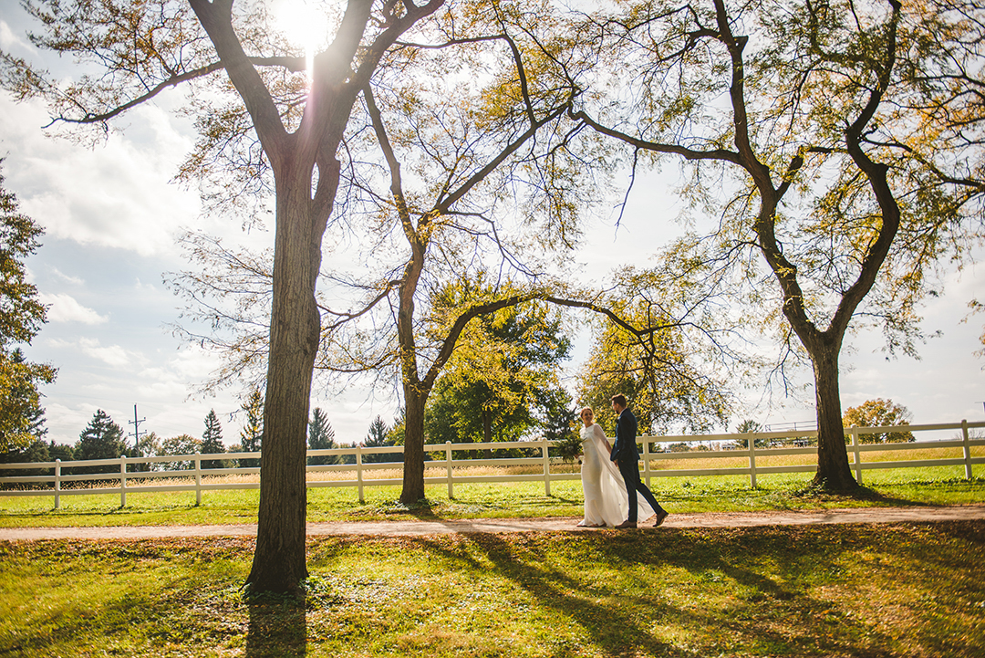 a wide photo of a bride and groom walking down a dirt path as the sun shines behind a old growth tree in the fall at the Saint James Farm in Warrenville IL