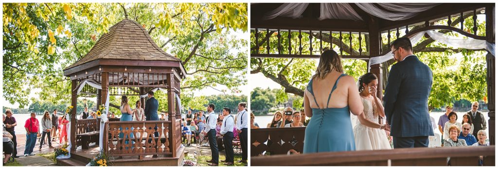 a bride wiping away her own tears as her and her groom share their vows at their summer lake wedding at Lake Bloomington
