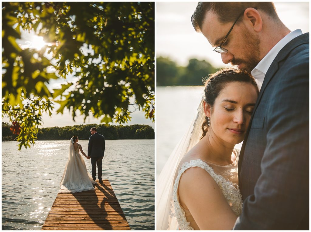a bride and groom getting close after their beautiful summer lake wedding at Lake Bloomington
