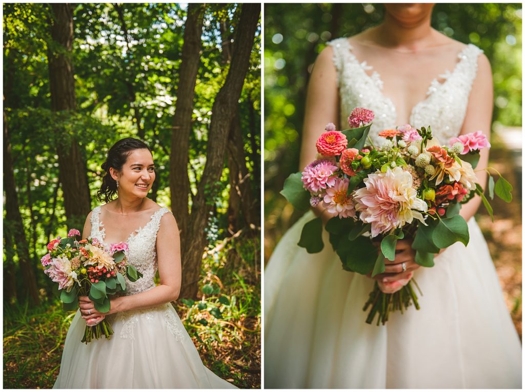 a beautiful Thai bride standing with her real flower bouquet at her summer lake wedding at Lake Bloomington