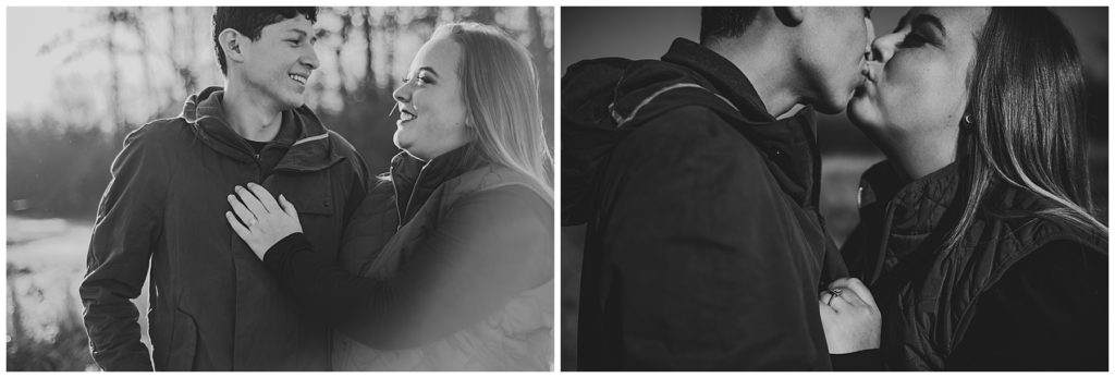 a bride and groom getting close to each other and holding on before they kiss at an engagement session in black and white