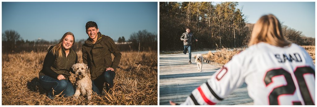 a bride and groom playing with their dog at and engagement session