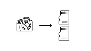 a camera showing how it backs up images to two memory cards for a wedding