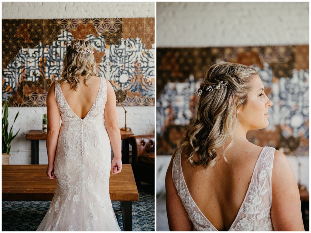 a gorgeous bride standing in the cafe of Society 57 in downtown Aurora on her wedding day