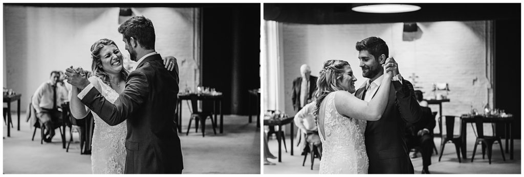 the bride and groom laughing as they dance for the first time during their wedding reception at Society 57 in Aurora