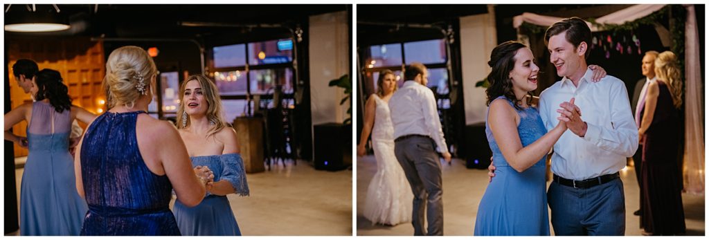 wedding guests dancing during a wedding reception at Society 57 in Aurora