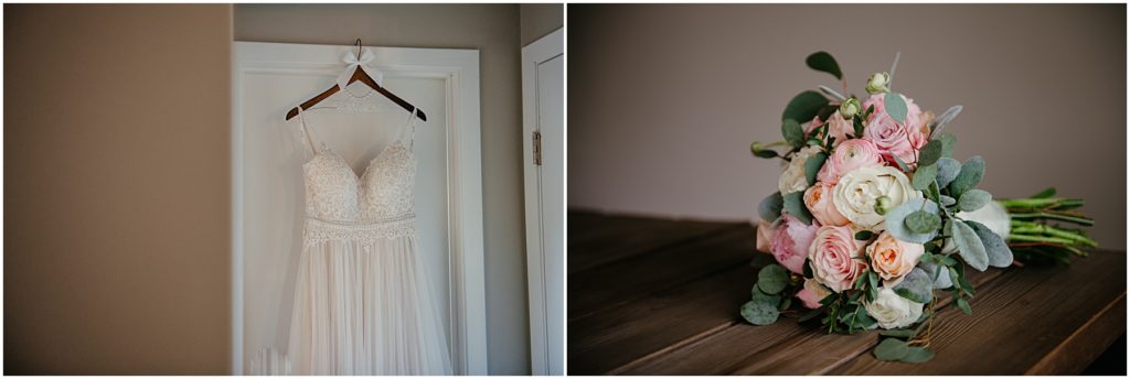 the brides bouquet and dress in a rustic room