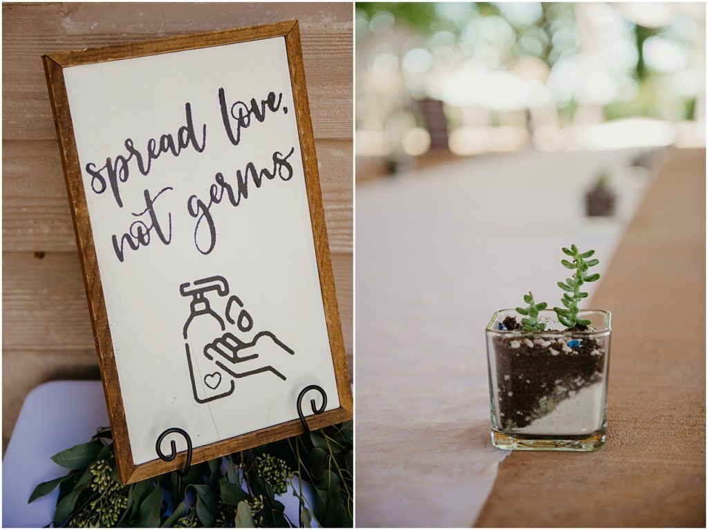 spread love, not germs sign at an intimate wedding