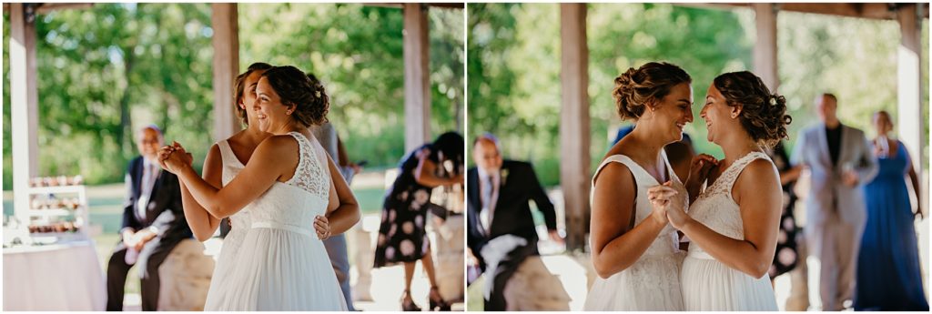 two brides dancing for the first time during their wedding during COVID